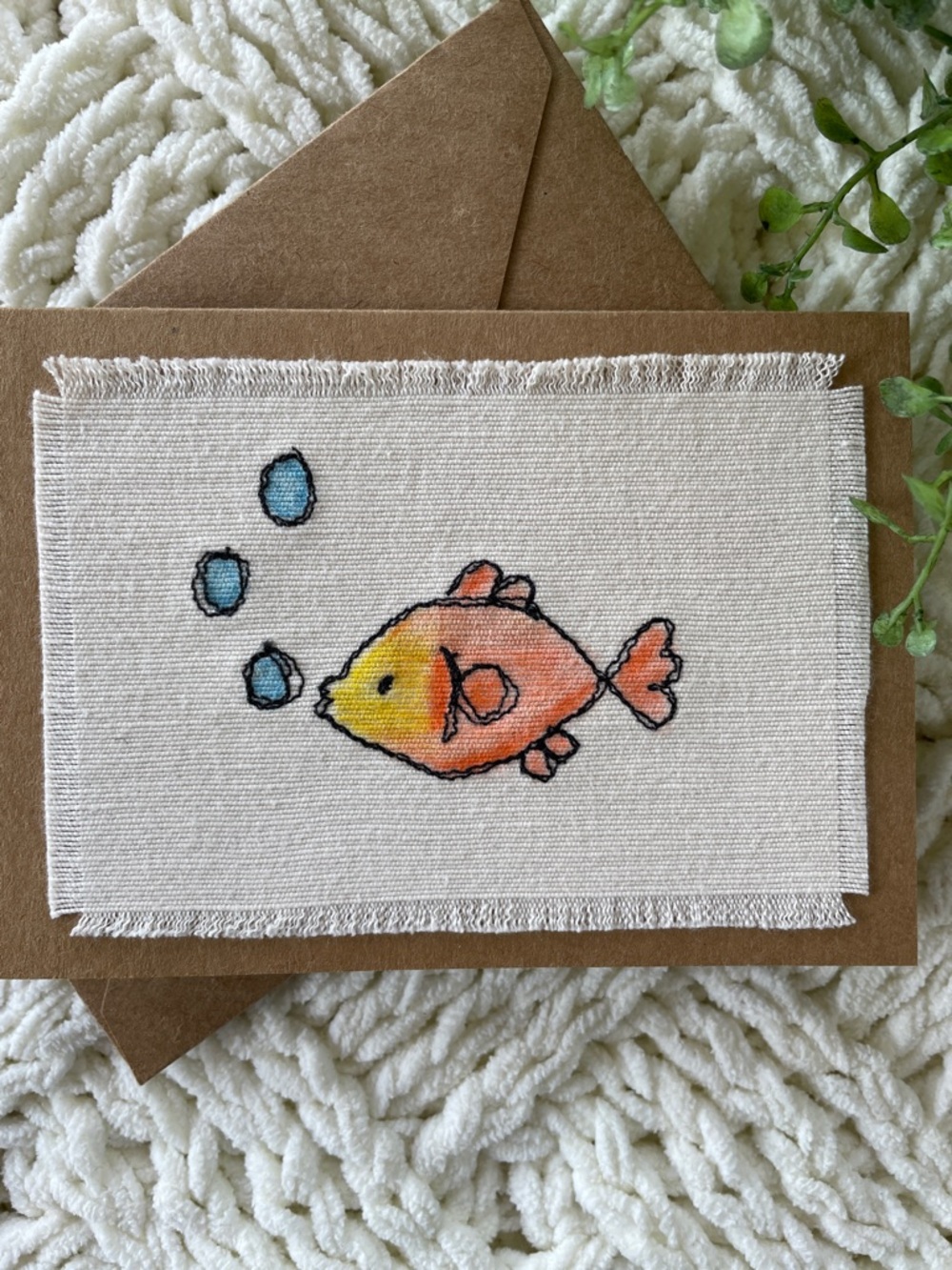 Handmade Greeting Card Orange Yellow Fish Embroidery Pet Fish Art